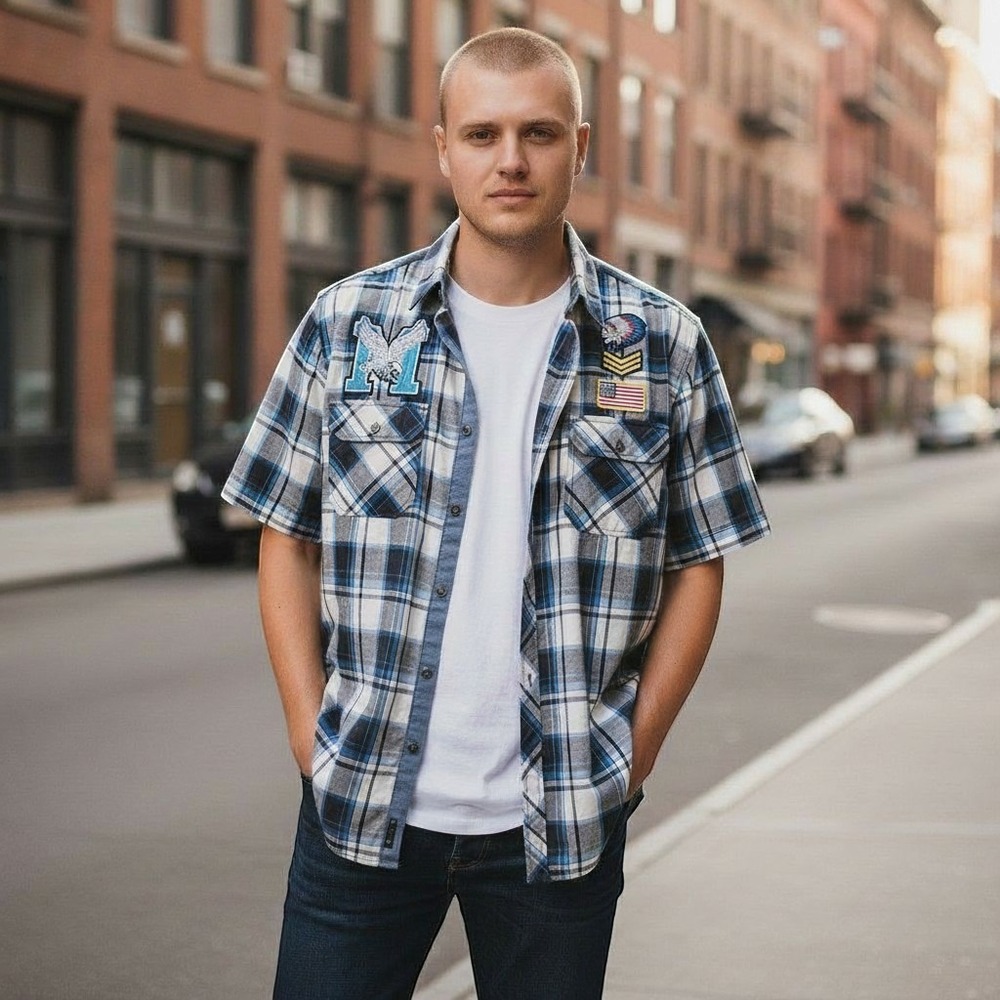 Brooklyn State Mens Large Blue Plaid Short Sleeve Patch Button Up Shirt Epaulets